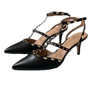 INC T Strap Pumps Black Heels with Gold Metallic Studs Women's Size 10